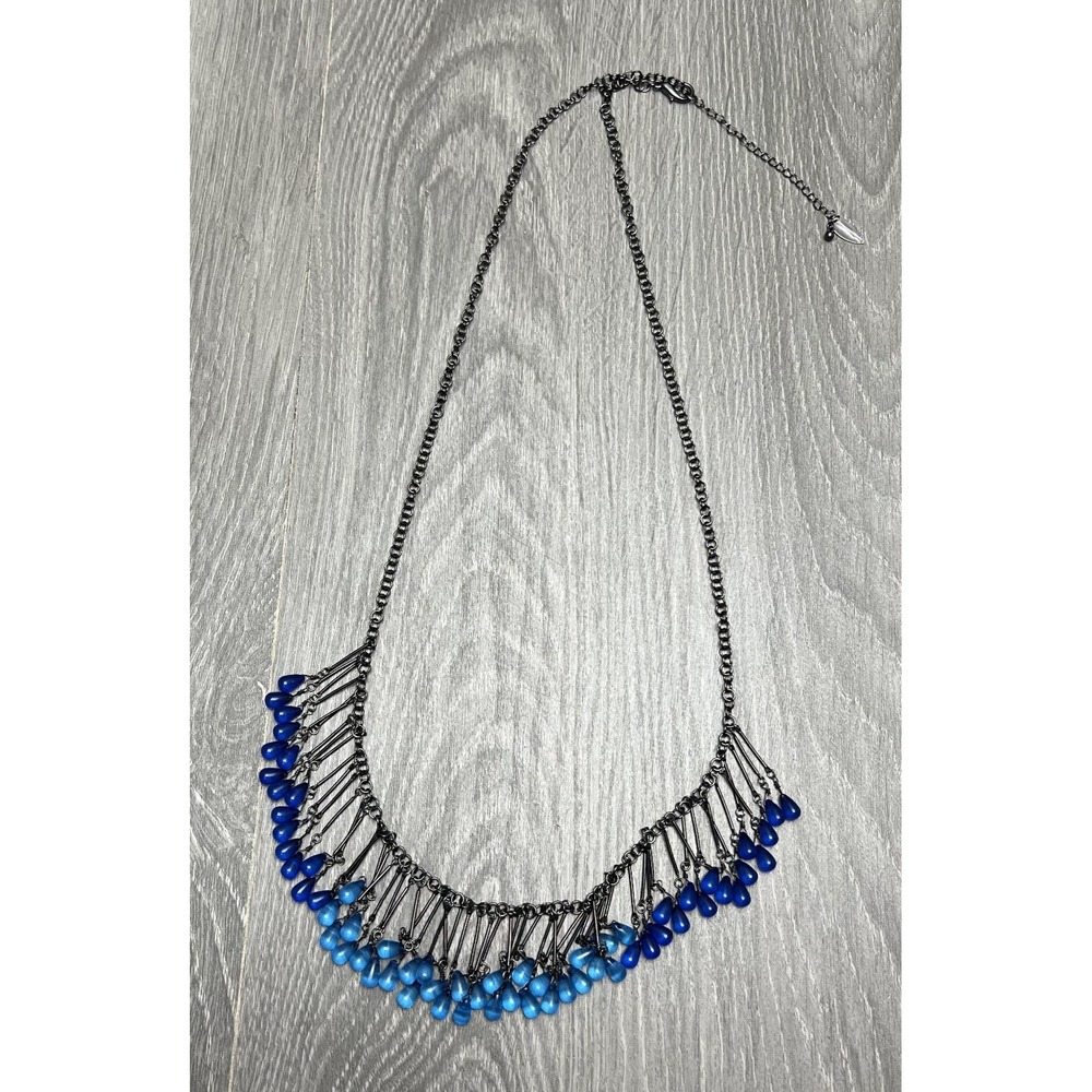 Coldwater Creek Blue Beaded Bib Necklace Dark Gunmetal Tone Chain Fashion